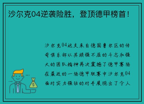 沙尔克04逆袭险胜，登顶德甲榜首！