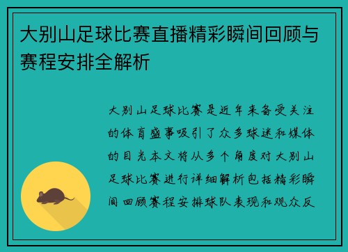 大别山足球比赛直播精彩瞬间回顾与赛程安排全解析